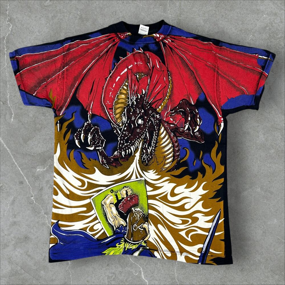 Vintage RARE Jesus Dragon AOP War Zone Knight Large Single Stitch Reprint Shirt